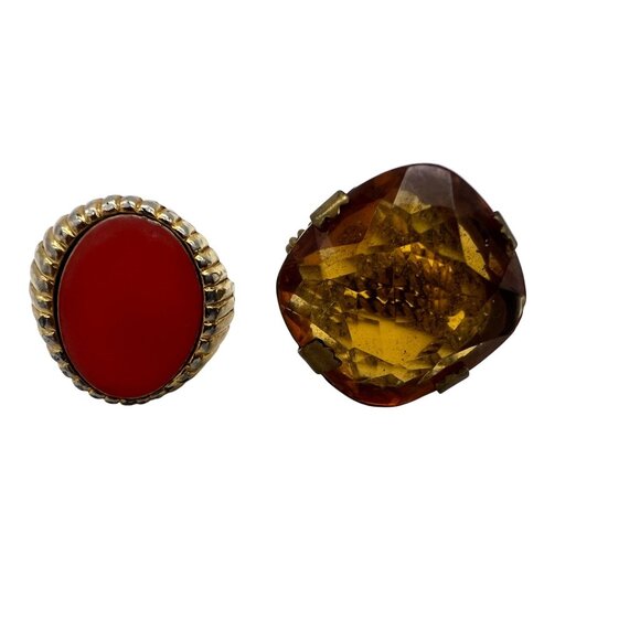 2 Adjustable Costume Rings Orange Cabochon & Faceted Amber Glass Gold Tone Boho - Picture 2 of 7